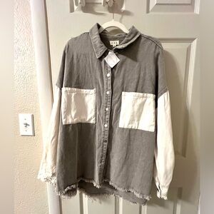 NWT POL Two-Tone Gray & Cream Oversized Shirt/Shacket Raw Hem Size XL